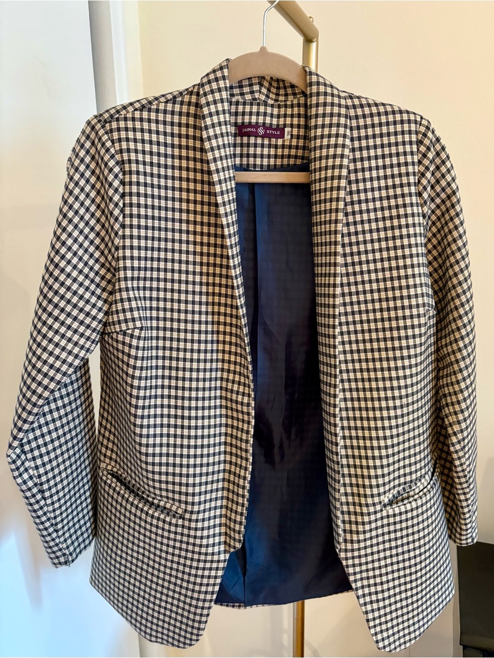 Checkered Blazer Women EU 46 / US S  Plaid Jacket Neutral Beige Black